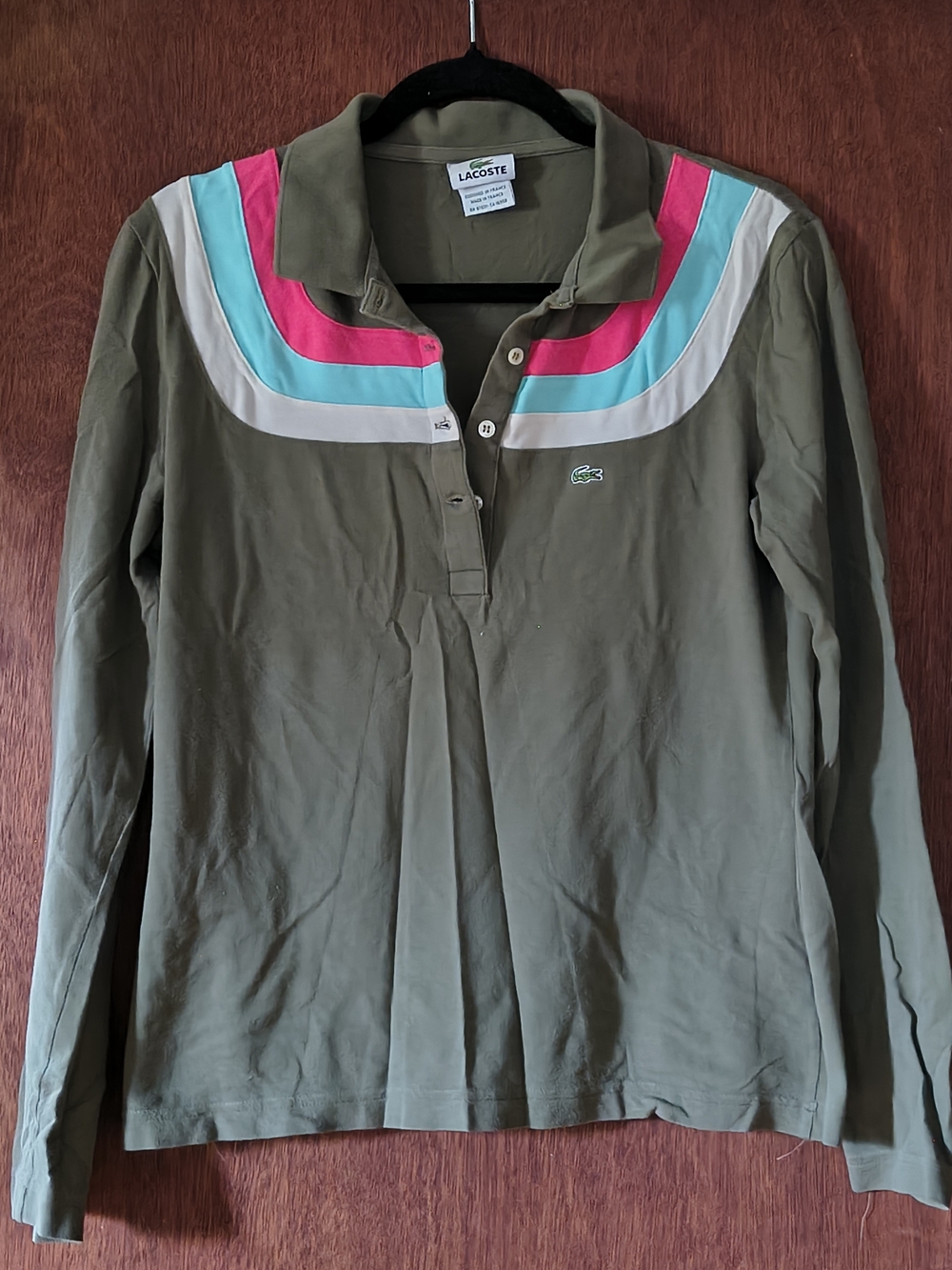 Lacoste Olive Long-Sleeve Polo Top with Pink & Teal Accents